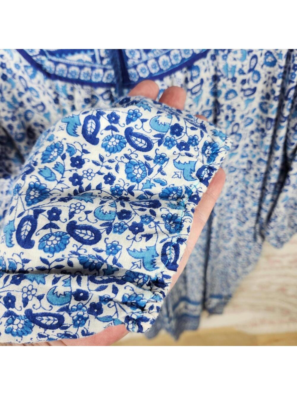 Boho Dress Blue White Floral Paisley Print 3/4 Sleeve Midi Dress - Picture 4 of 7